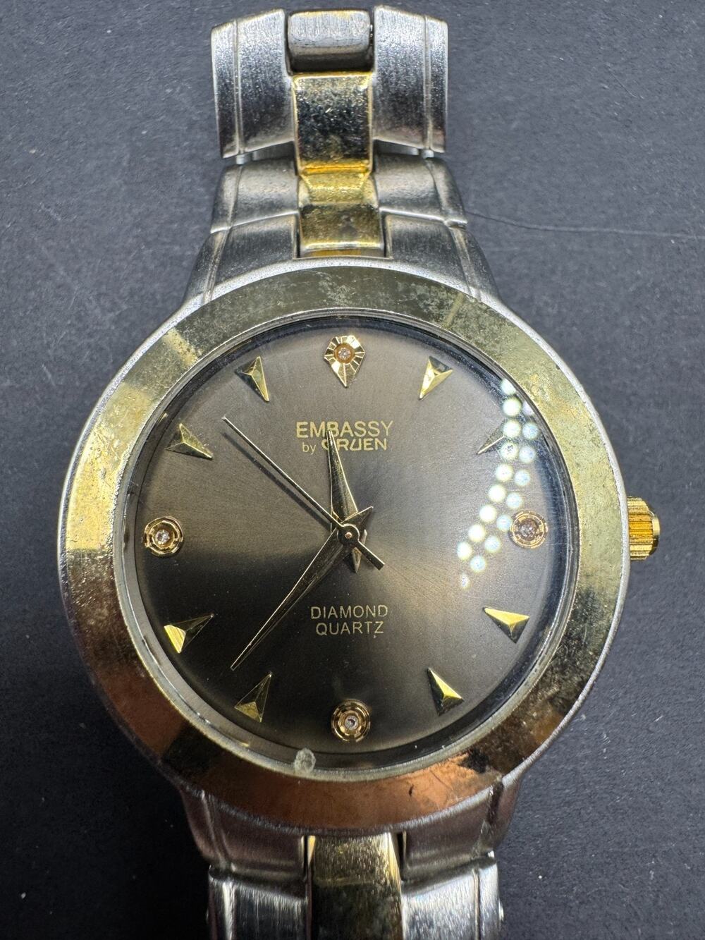 Embassy Gruen Watch Silver Tone Diamond Accent Quartz GEM2420M Black Dial